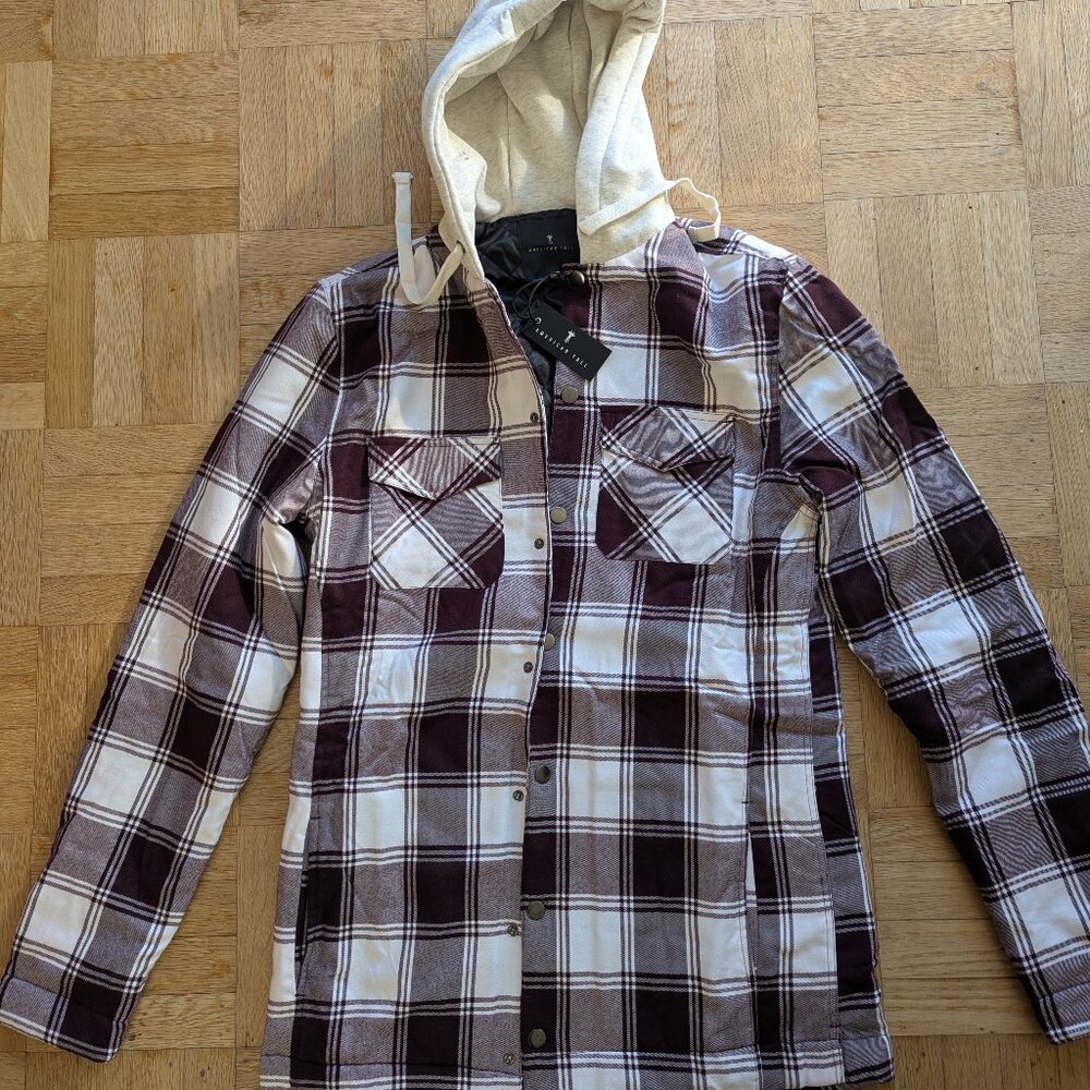 Hooded Flannel Shirt Jacket for Tall Men in Maroon & White Plaid